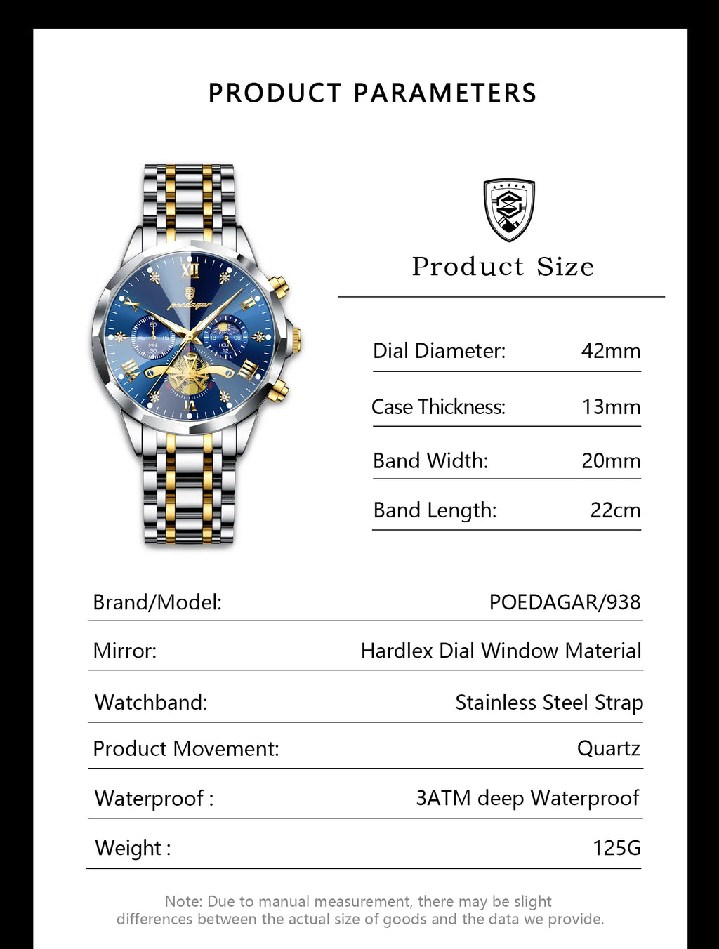 POEDAGAR Men's Chronograph Quartz Watch, Stainless Steel, Water Resistant