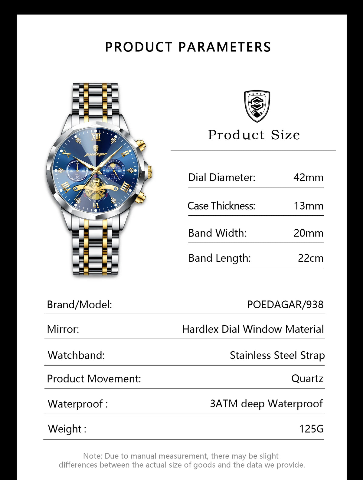 POEDAGAR Men's Chronograph Quartz Watch, Stainless Steel, Water Resistant