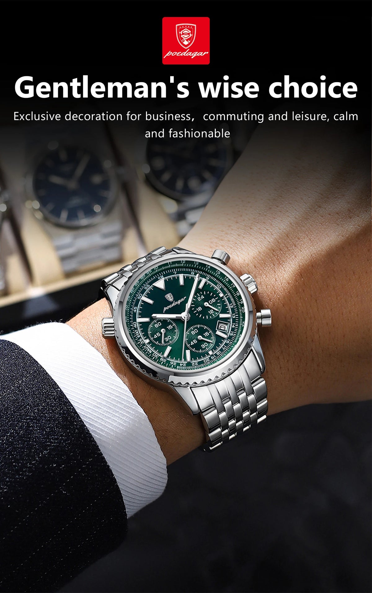 POEDAGAR Men's Chronograph Quartz Watch, Stainless Steel, Date, Luminous