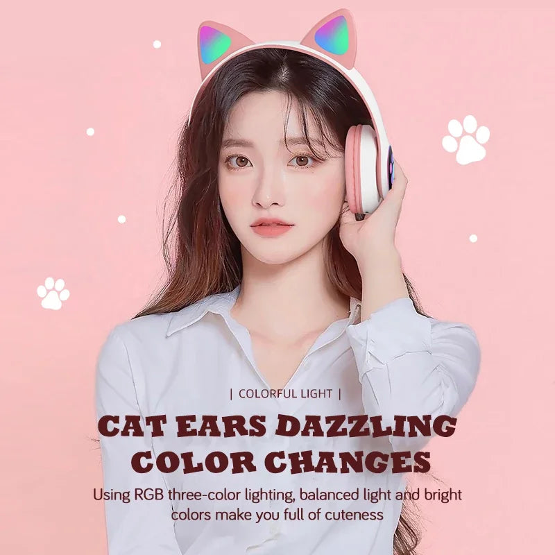 Kids' Cat Ear Bluetooth Headphones with Microphone and LED Lights