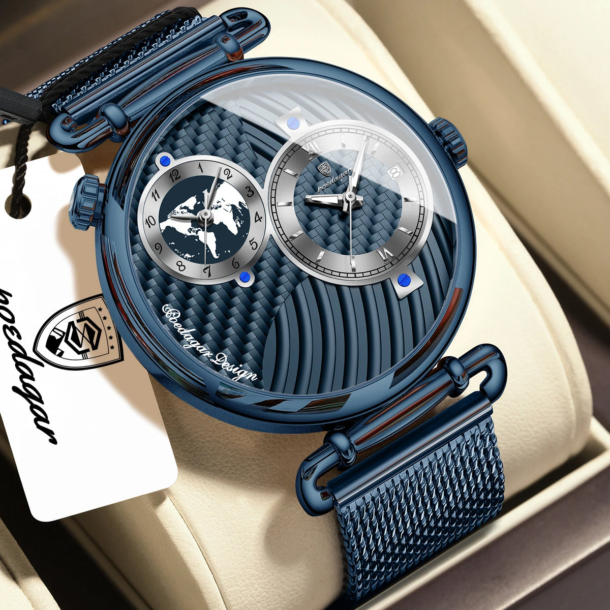 POEDAGAR Men's Quartz Watch, Multiple Time Zones, Steel Mesh Strap