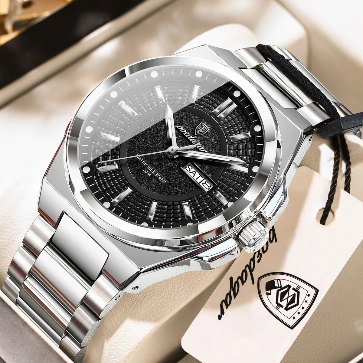 POEDAGAR Men's Business Quartz Watch, Stainless Steel, Date and Day