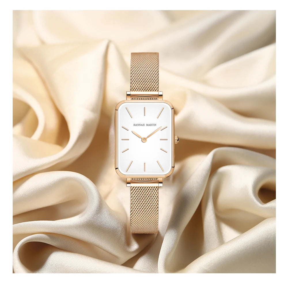 Hannah Martin Women's 34 mm Square Quartz Watch, Stainless Steel Mesh Strap