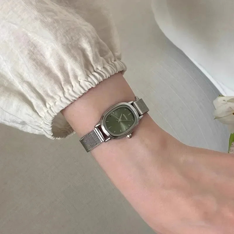 Women's Oval Quartz Watch, Green Dial, Stainless Steel