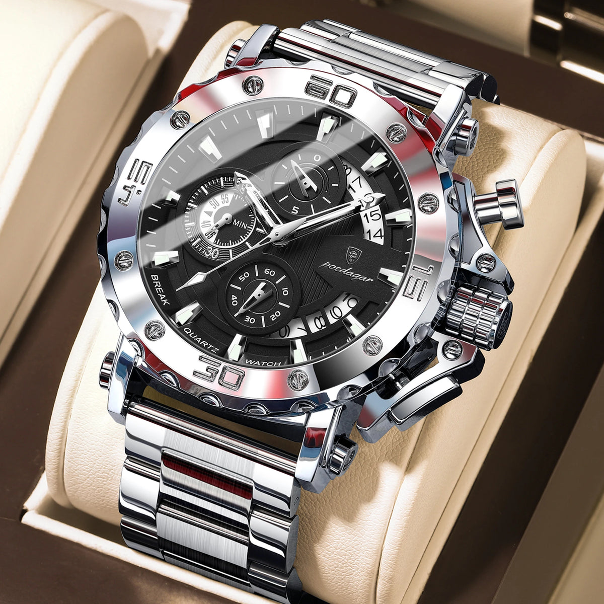 POEDAGAR Men's Chronograph Quartz Watch, Calendar, Stainless Steel