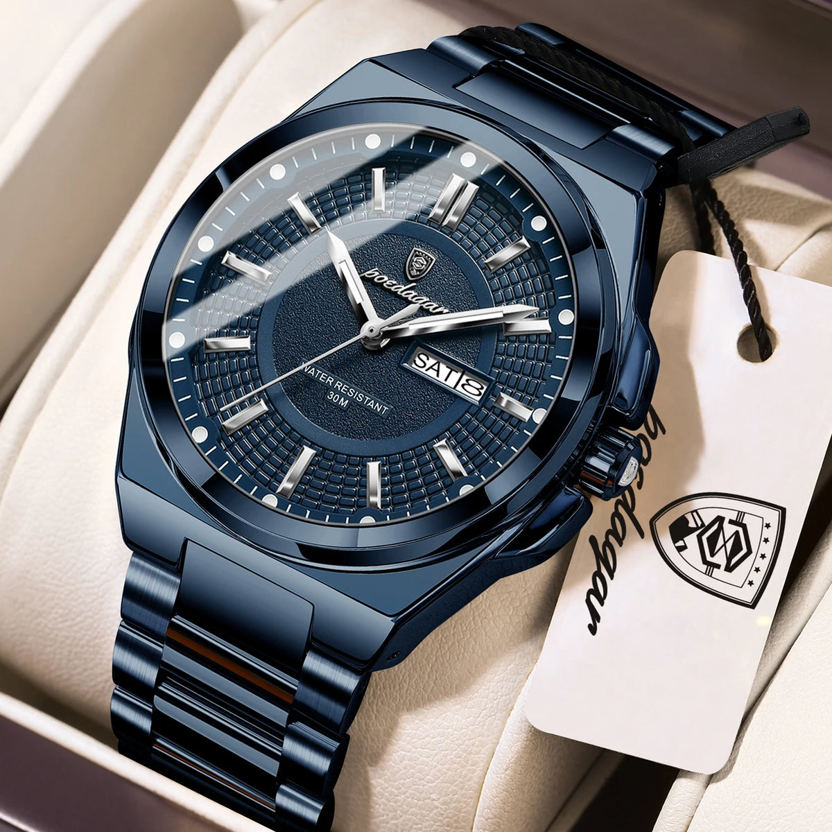 POEDAGAR Men's Business Quartz Watch, Stainless Steel, Date and Day