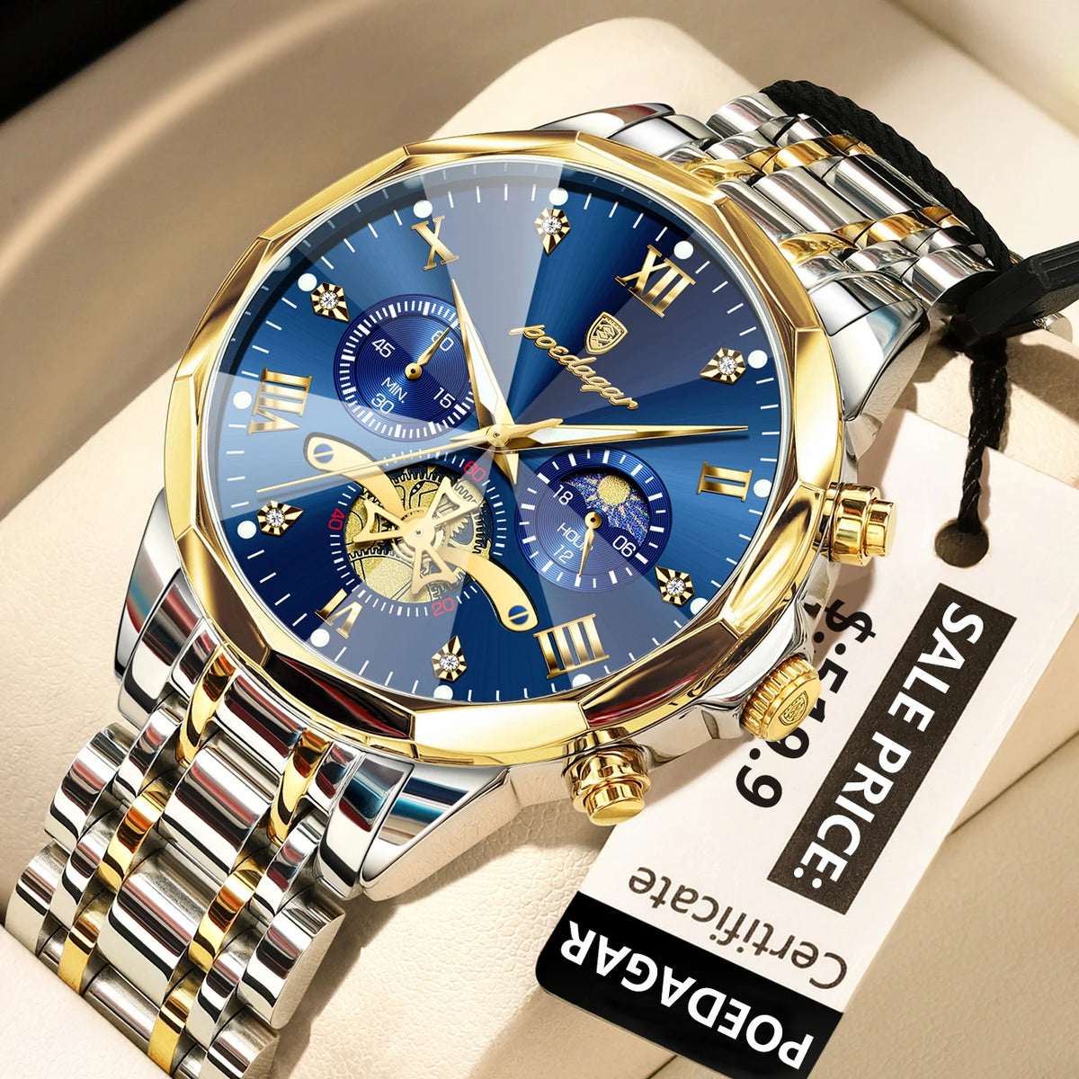 POEDAGAR Men's Chronograph Quartz Watch, Stainless Steel, Water Resistant