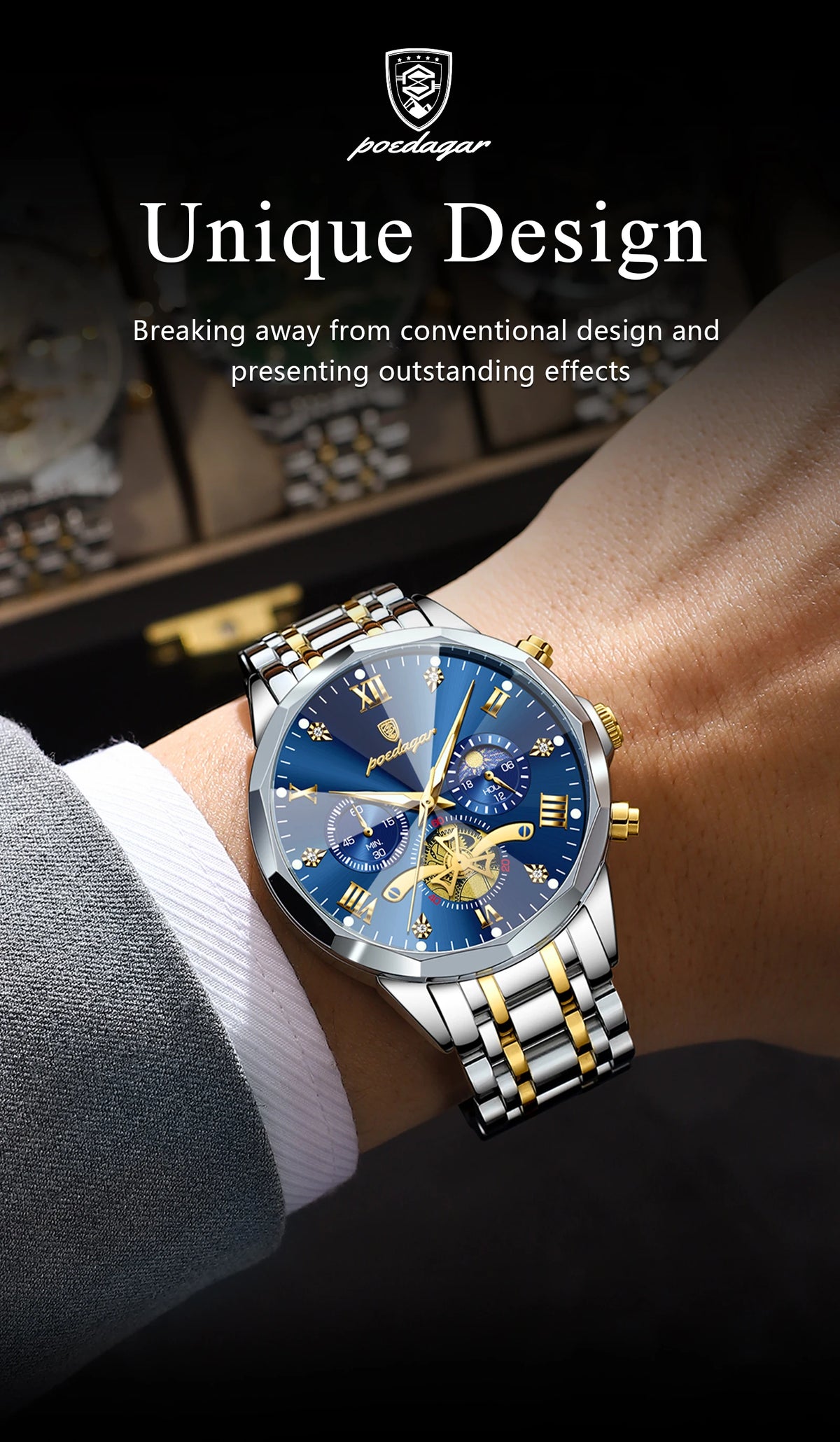 POEDAGAR Men's Chronograph Quartz Watch, Stainless Steel, Water Resistant