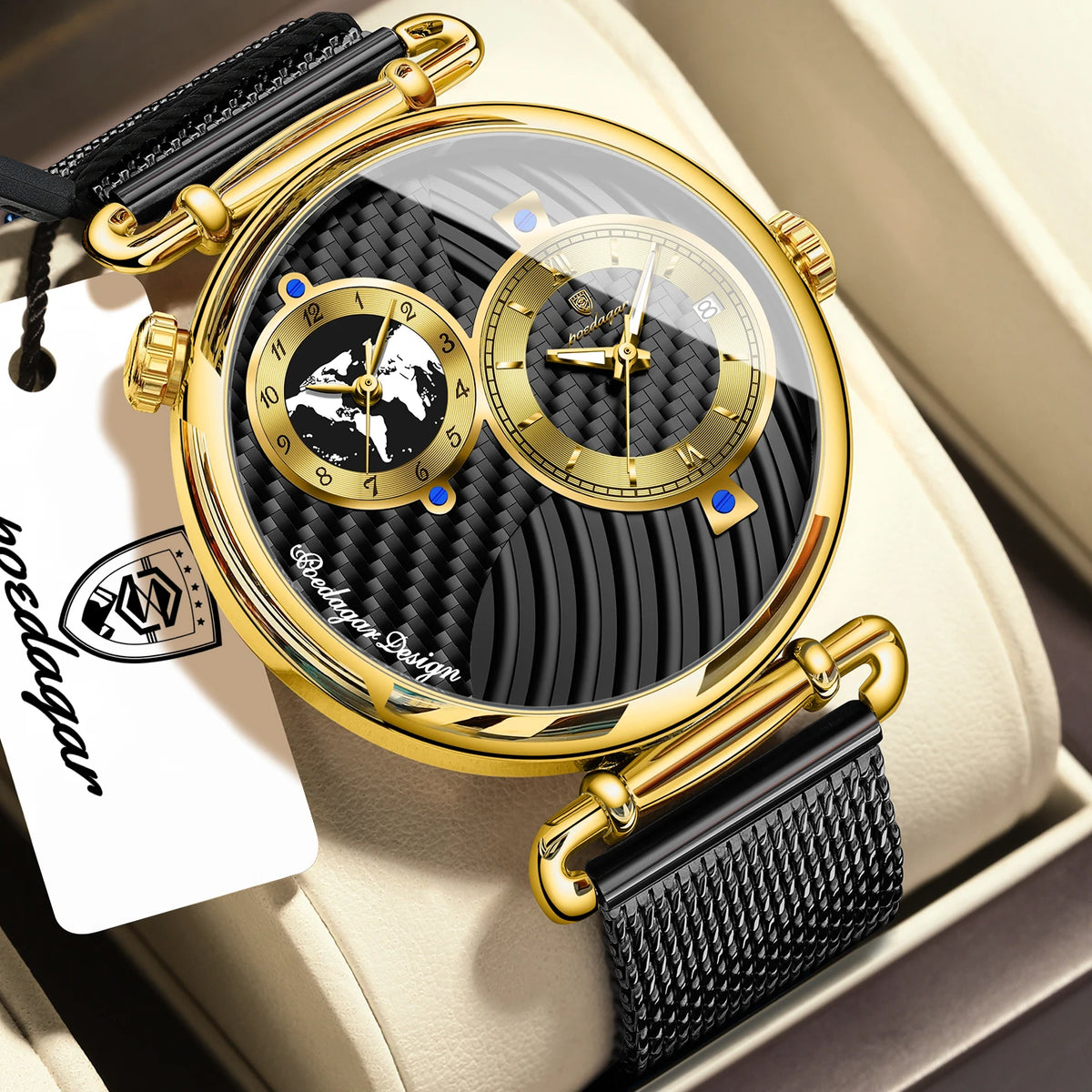 POEDAGAR Men's Quartz Watch, Multiple Time Zones, Steel Mesh Strap
