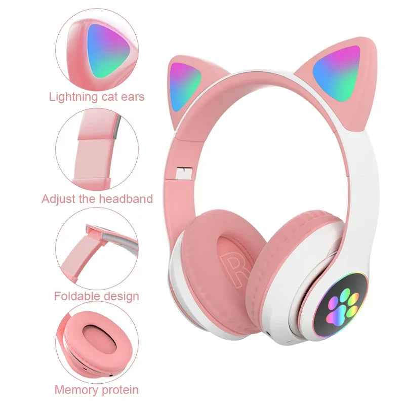 Kids' Cat Ear Bluetooth Headphones with Microphone and LED Lights