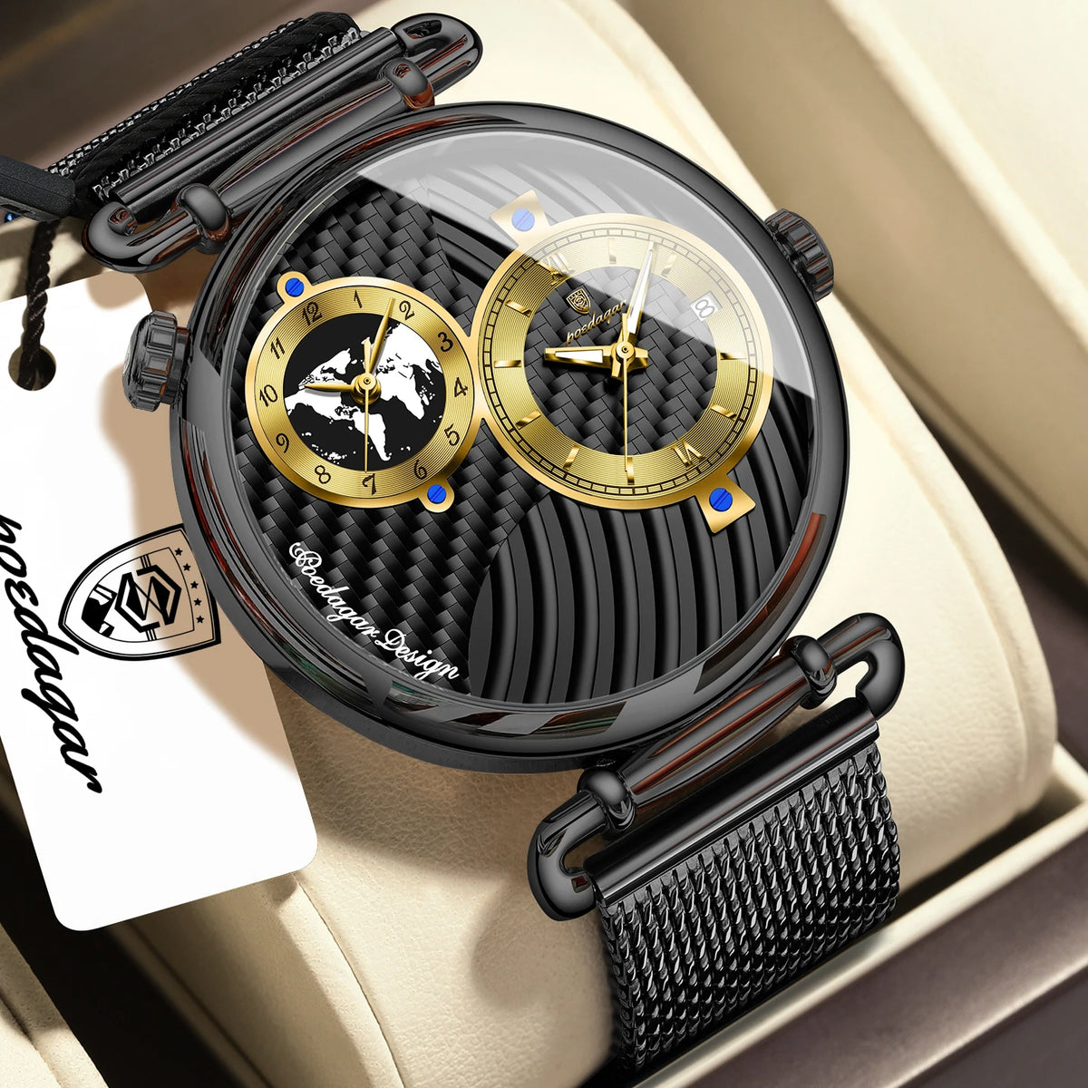 POEDAGAR Men's Quartz Watch, Multiple Time Zones, Steel Mesh Strap