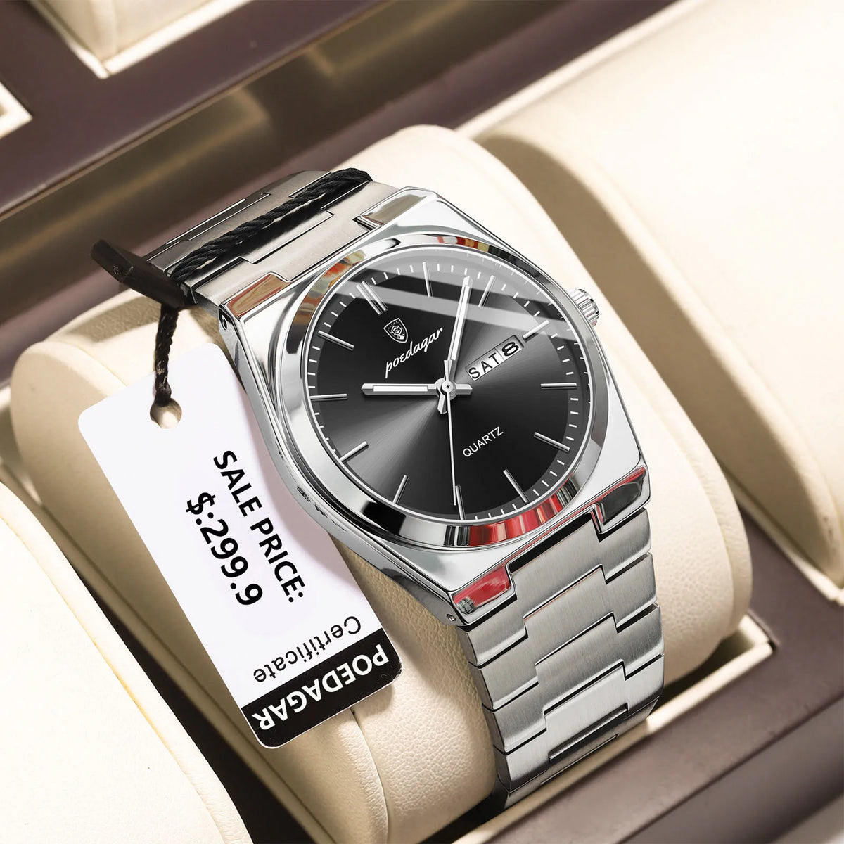 POEDAGAR Men's Quartz Watch, Stainless Steel, Date and Day Display