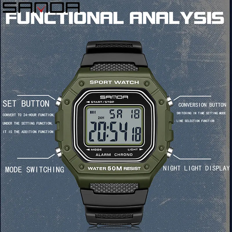 SANDA 2156 Men's Digital Sports Watch, LED, Water Resistant, Stopwatch