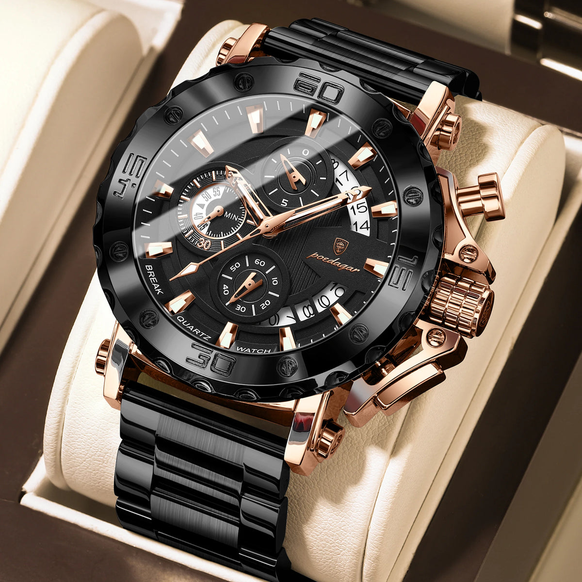 POEDAGAR Men's Chronograph Quartz Watch, Calendar, Stainless Steel