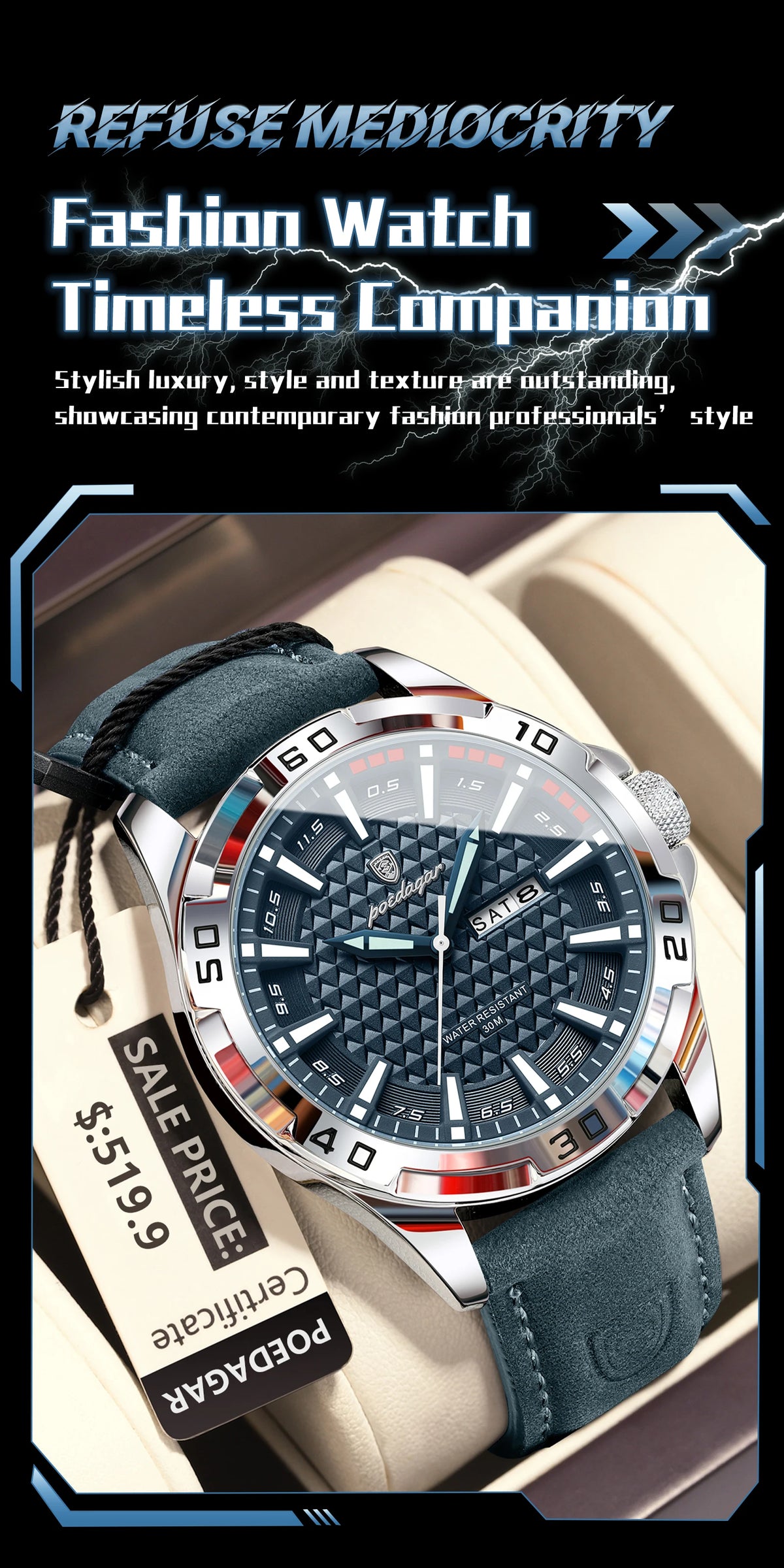 POEDAGAR Men's Quartz Watch, Leather Strap, Date and Day, Luminous
