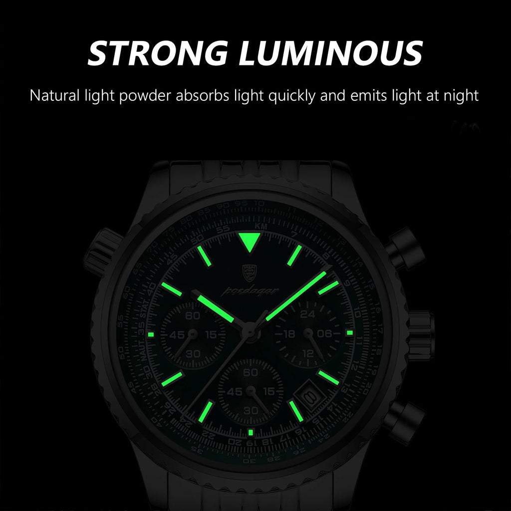 POEDAGAR Men's Chronograph Quartz Watch, Stainless Steel, Date, Luminous