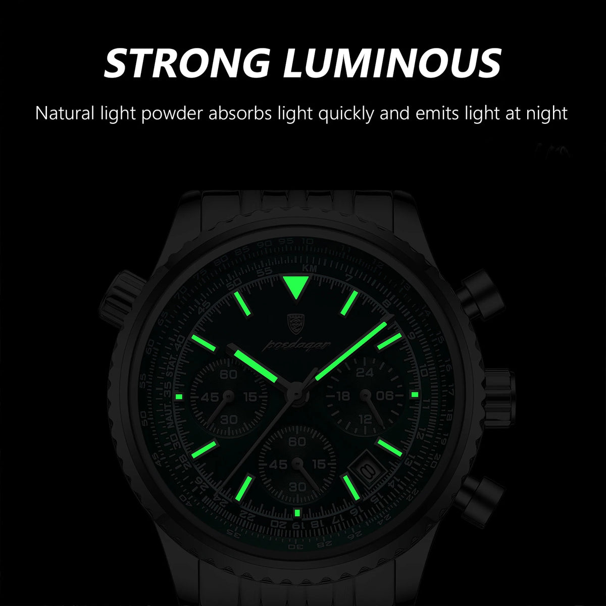 POEDAGAR Men's Chronograph Quartz Watch, Stainless Steel, Date, Luminous