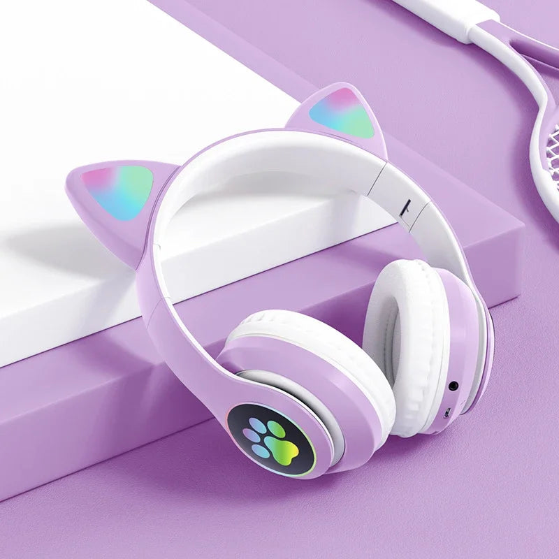 Kids' Cat Ear Bluetooth Headphones with Microphone and LED Lights