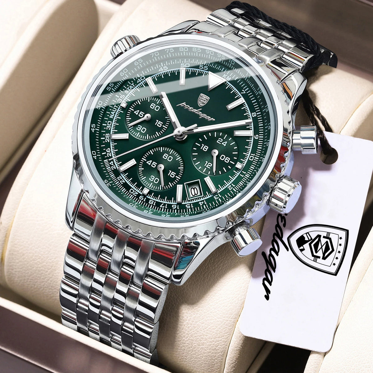 POEDAGAR Men's Chronograph Quartz Watch, Stainless Steel, Date, Luminous