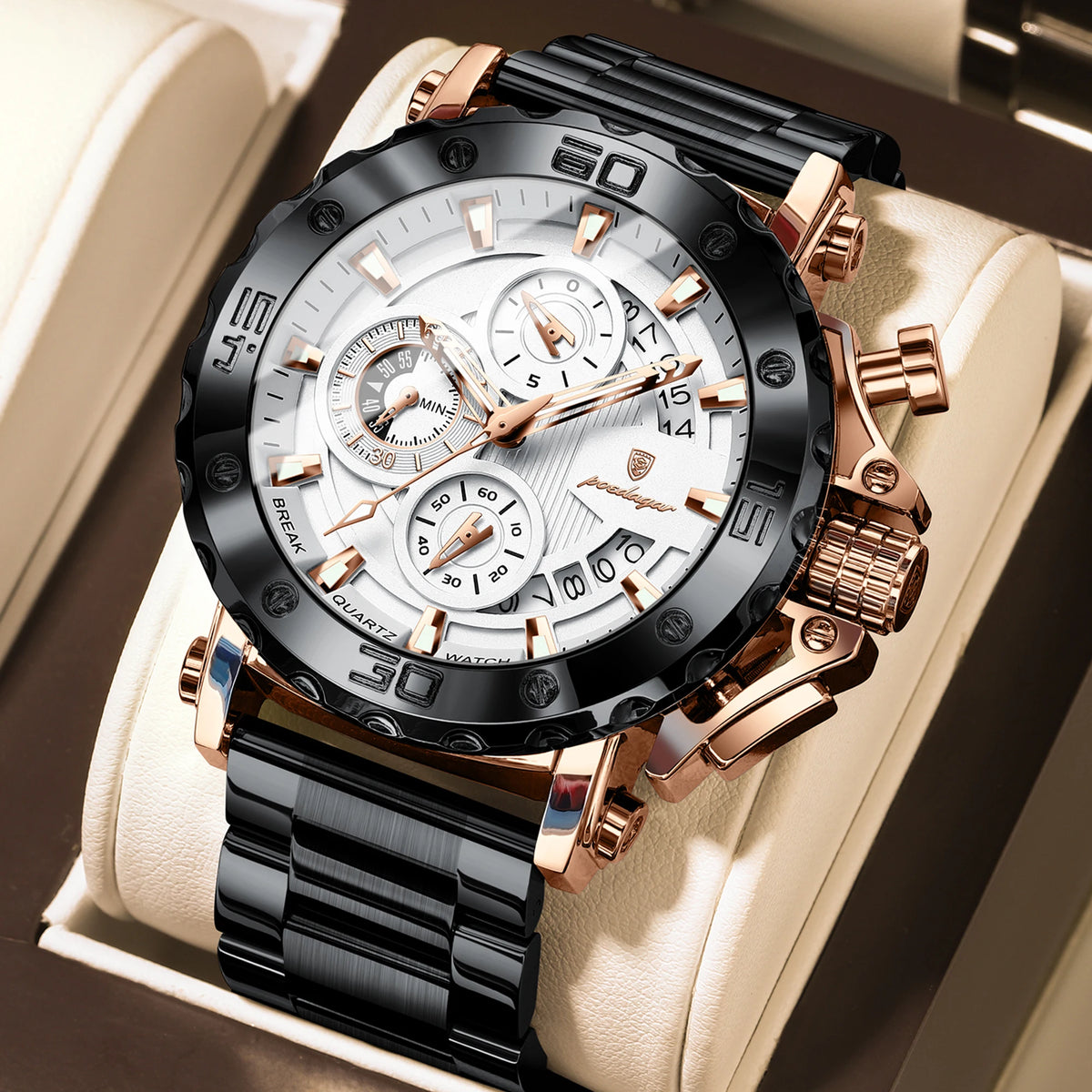 POEDAGAR Men's Chronograph Quartz Watch, Calendar, Stainless Steel
