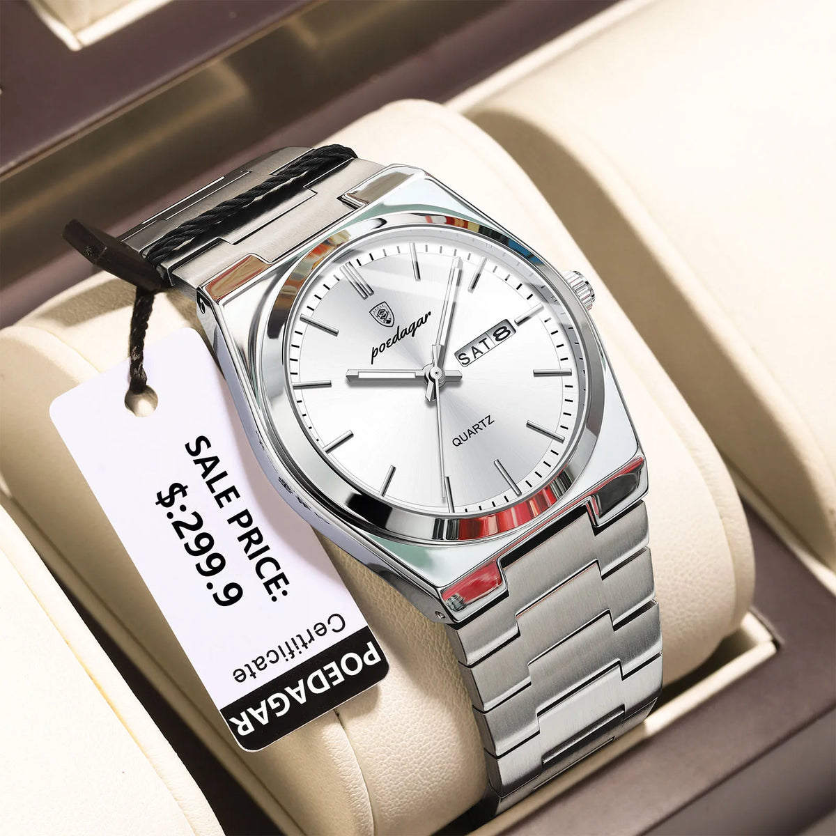 POEDAGAR Men's Quartz Watch, Stainless Steel, Date and Day Display