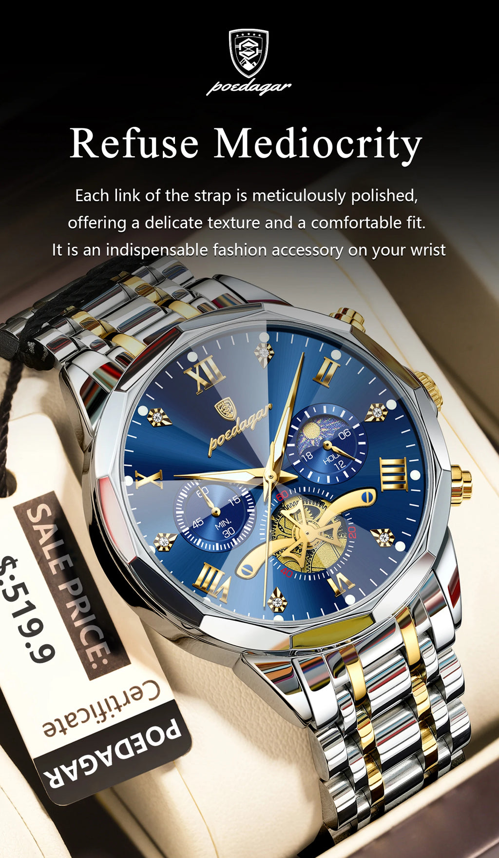 POEDAGAR Men's Chronograph Quartz Watch, Stainless Steel, Water Resistant