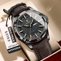 POEDAGAR Men's Quartz Watch, Leather Strap, Date and Day, Luminous