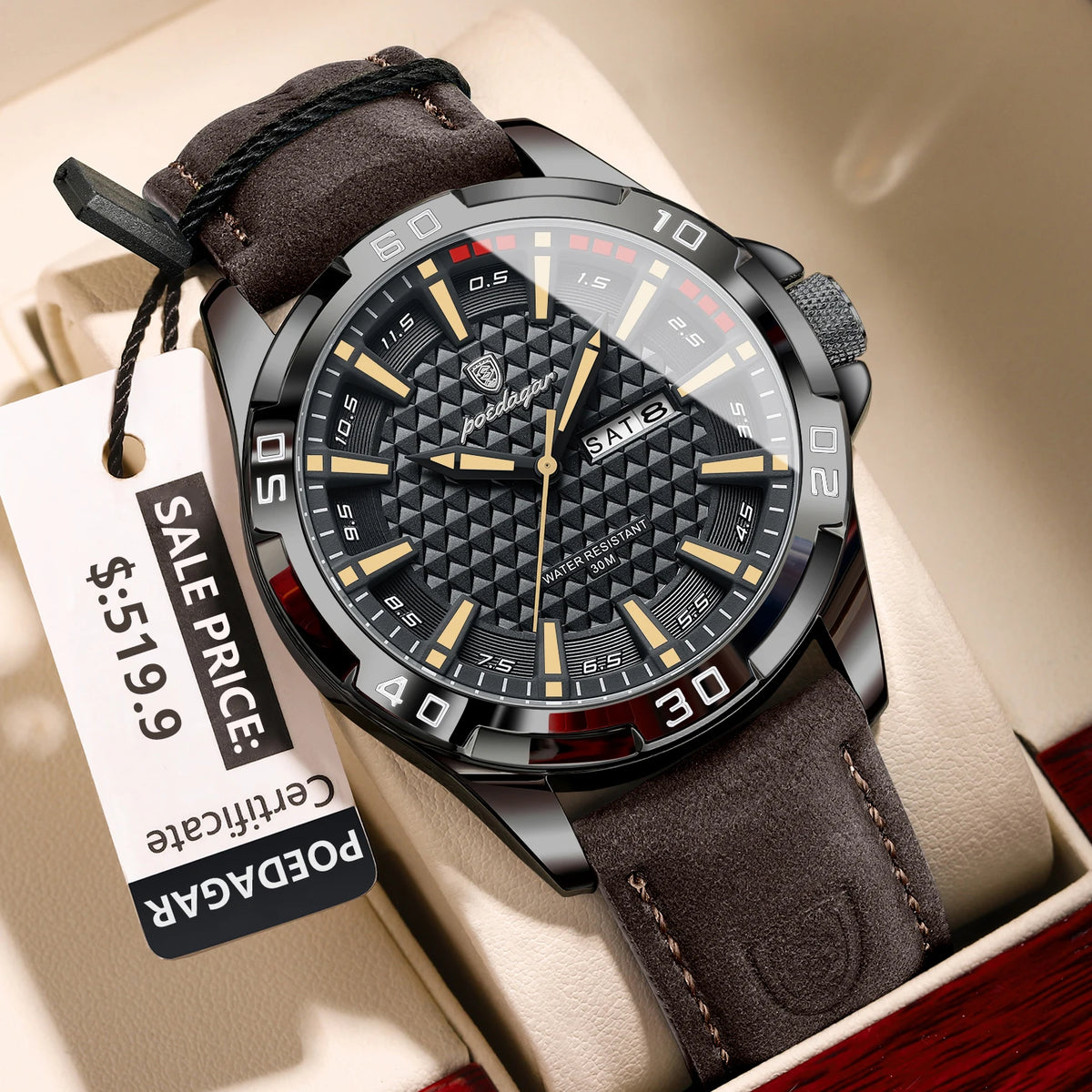 POEDAGAR Men's Quartz Watch, Leather Strap, Date and Day, Luminous