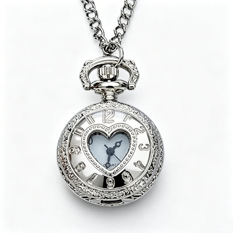Steampunk hollow heart quartz pocket watch with necklace chain, main view