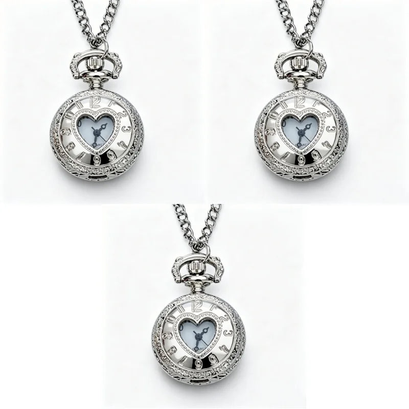 Steampunk Hollow Heart Quartz Pocket Watch with Necklace Chain