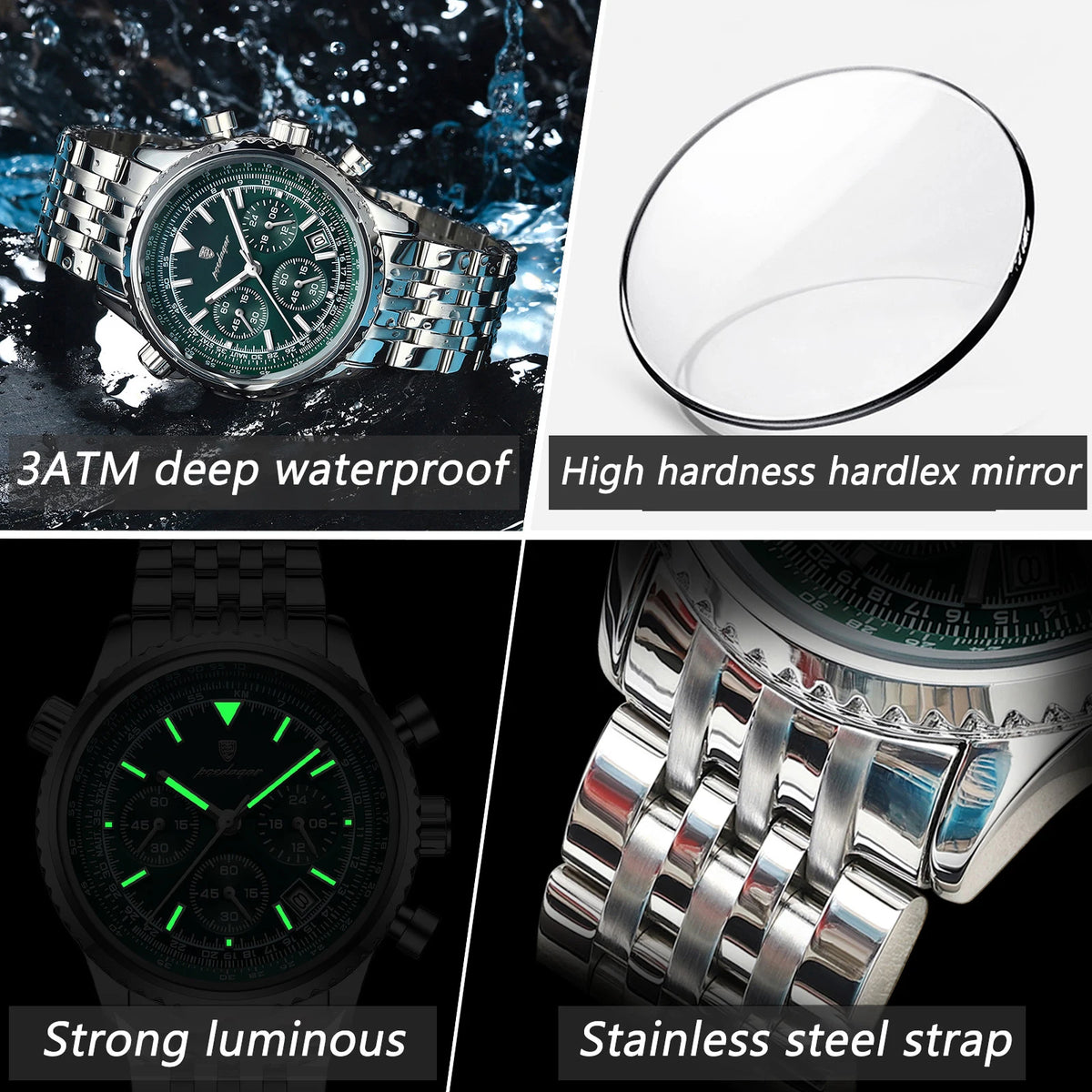 POEDAGAR Men's Chronograph Quartz Watch, Stainless Steel, Date, Luminous