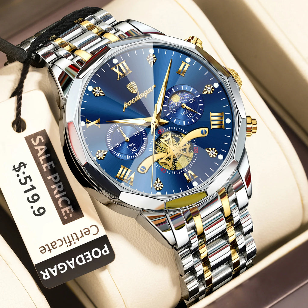 POEDAGAR Men's Chronograph Quartz Watch, Stainless Steel, Water Resistant