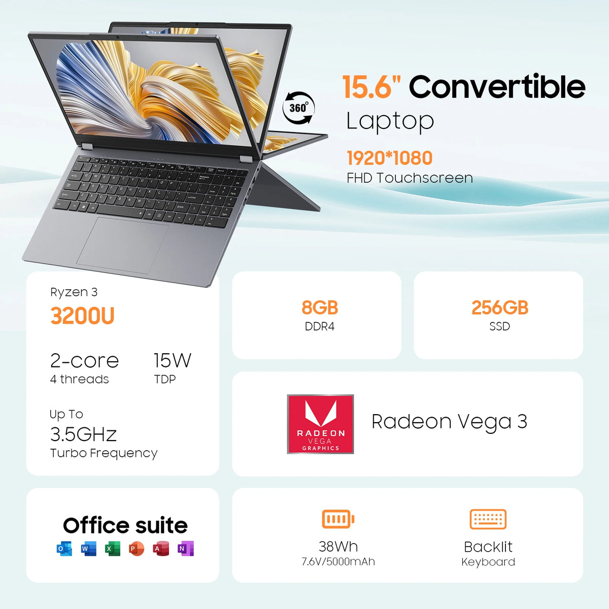 15.6" 2-in-1 Touchscreen Laptop, AMD Ryzen 3 3200U, 8GB RAM, 256GB SSD