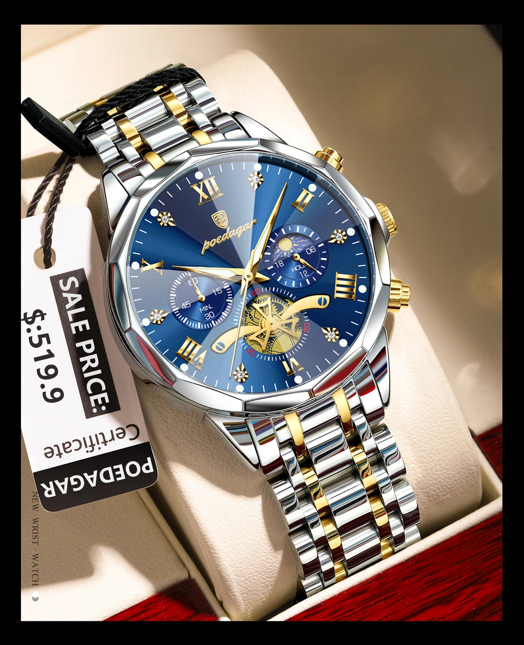POEDAGAR Men's Chronograph Quartz Watch, Stainless Steel, Water Resistant