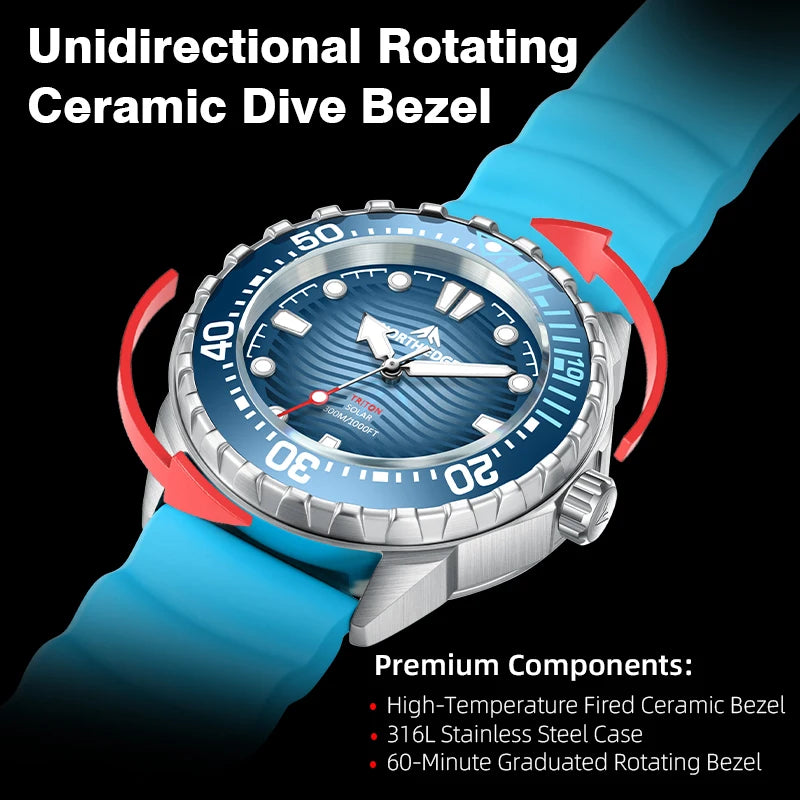 NORTH EDGE TRITON Solar Dive Watch, Stainless Steel, 300 m Water Resistant