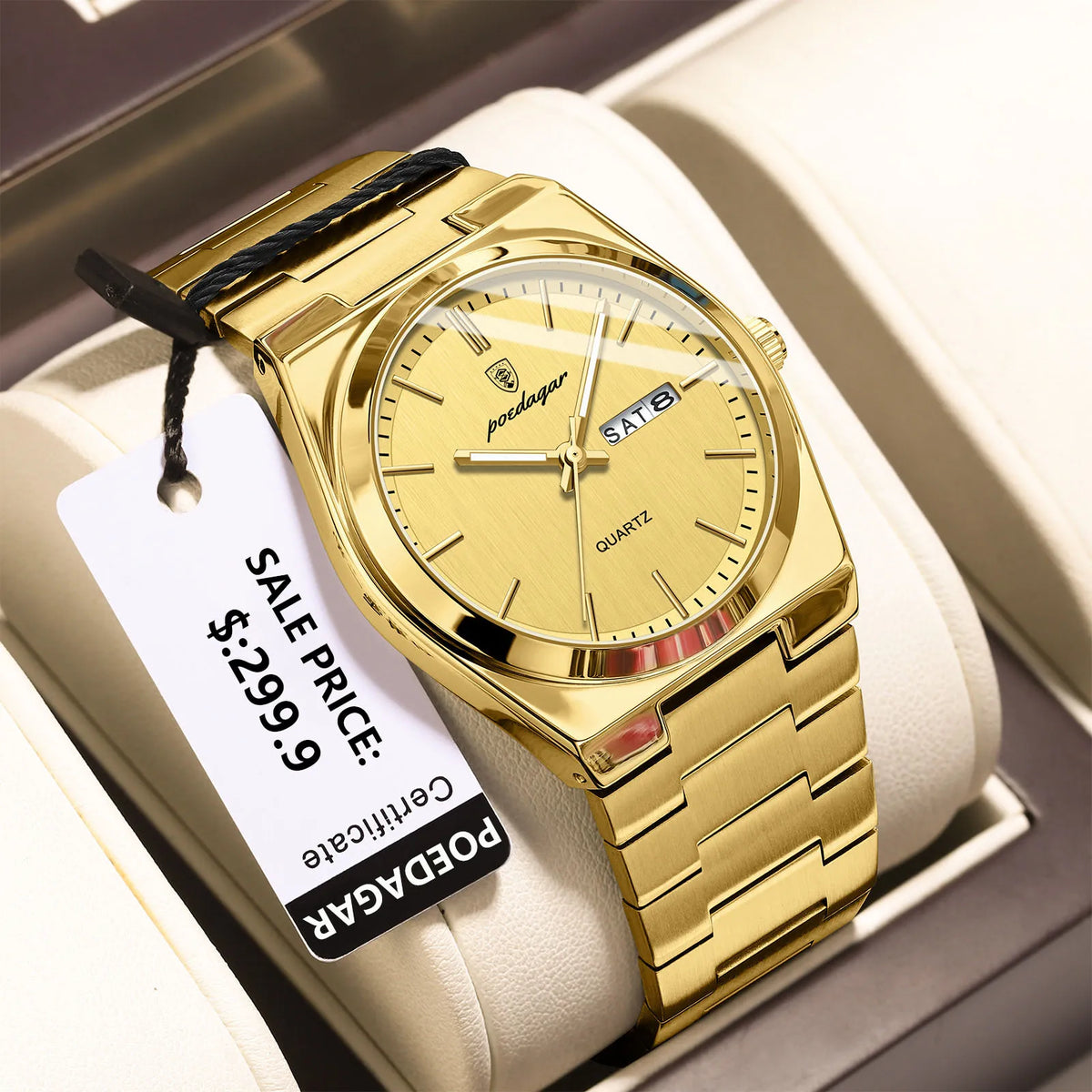 POEDAGAR Men's Quartz Watch, Stainless Steel, Date and Day Display