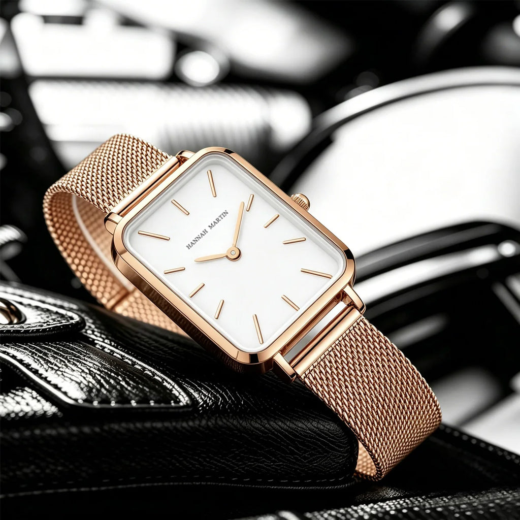 Hannah Martin Women's 34 mm Square Quartz Watch, Stainless Steel Mesh Strap