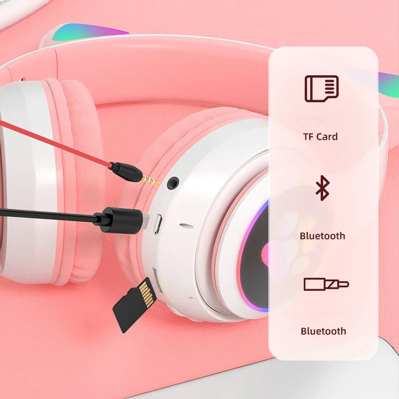 Kids' Cat Ear Bluetooth Headphones with Microphone and LED Lights
