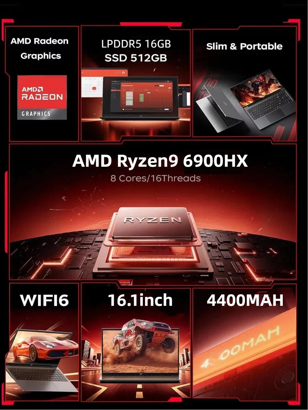 ACEMAGIC 16" Gaming Laptop, AMD Ryzen 9 6900HX, 16GB RAM, 512GB NVMe SSD