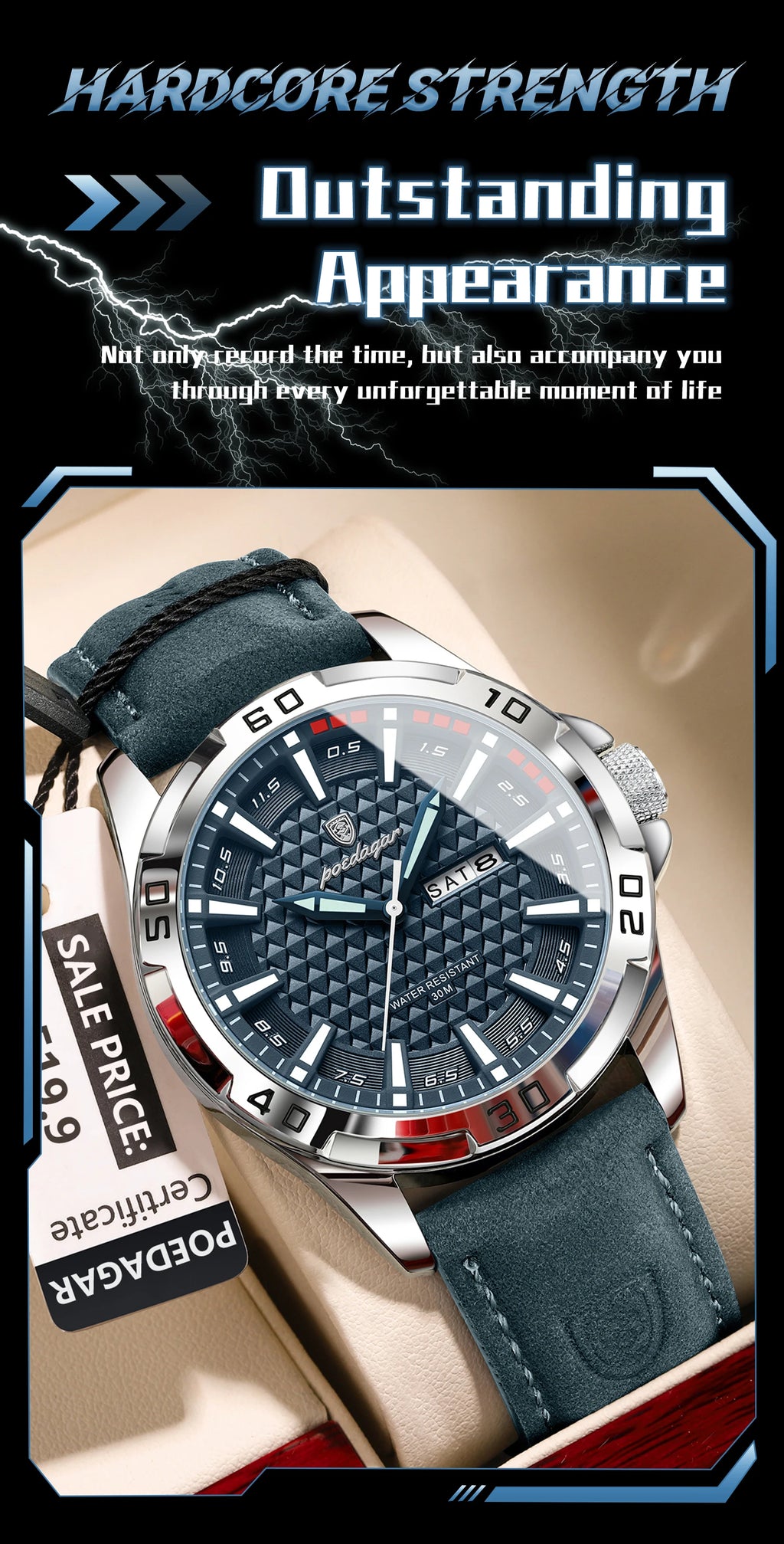 POEDAGAR Men's Quartz Watch, Leather Strap, Date and Day, Luminous