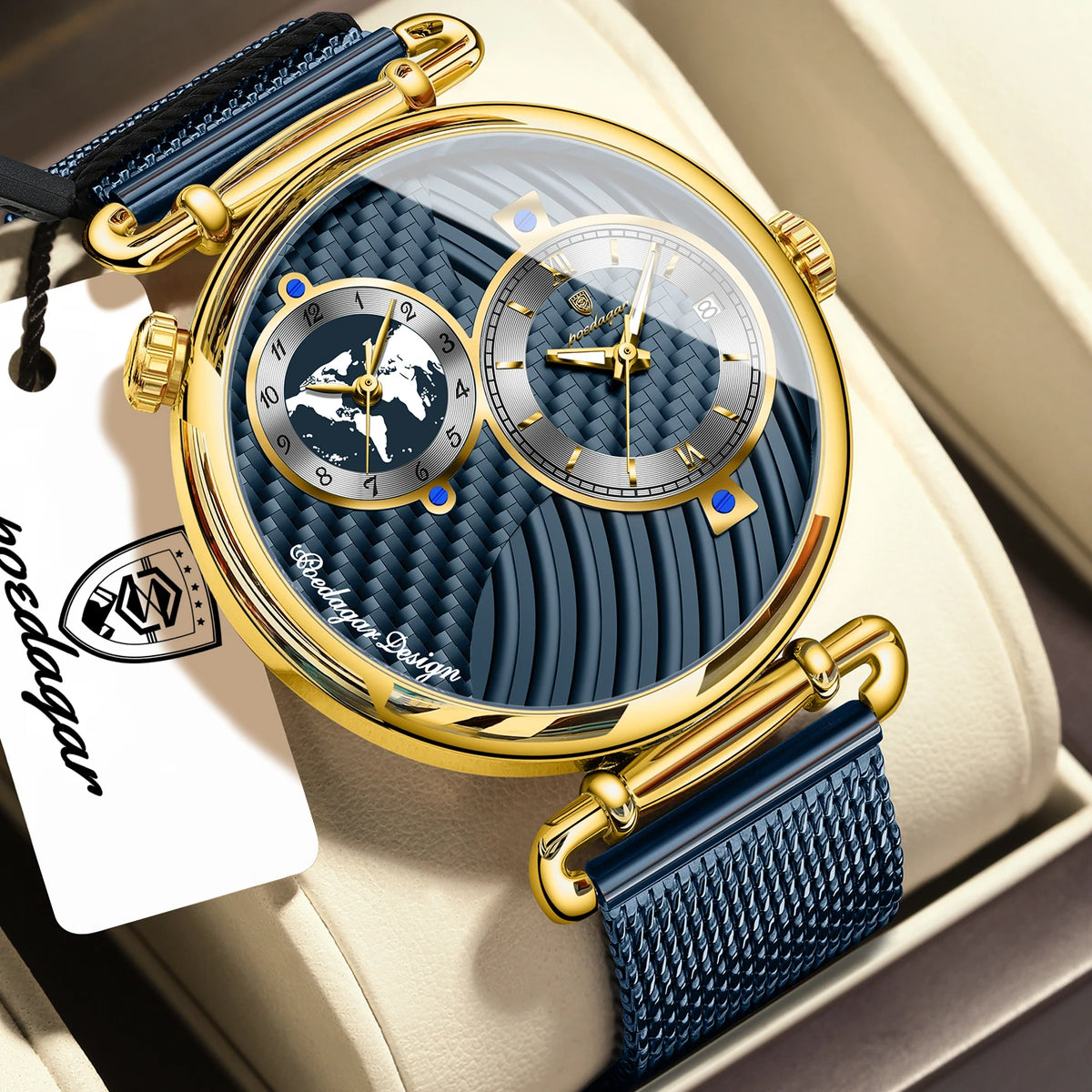 POEDAGAR Men's Quartz Watch, Multiple Time Zones, Steel Mesh Strap