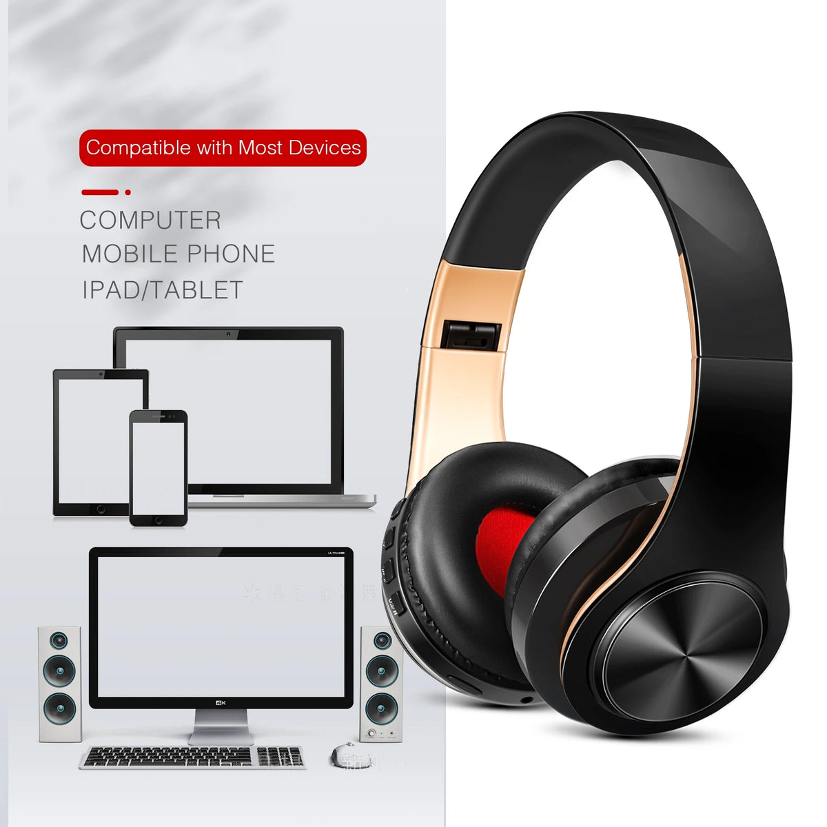 Gold Wireless Bluetooth Headphones with Built-in Microphone