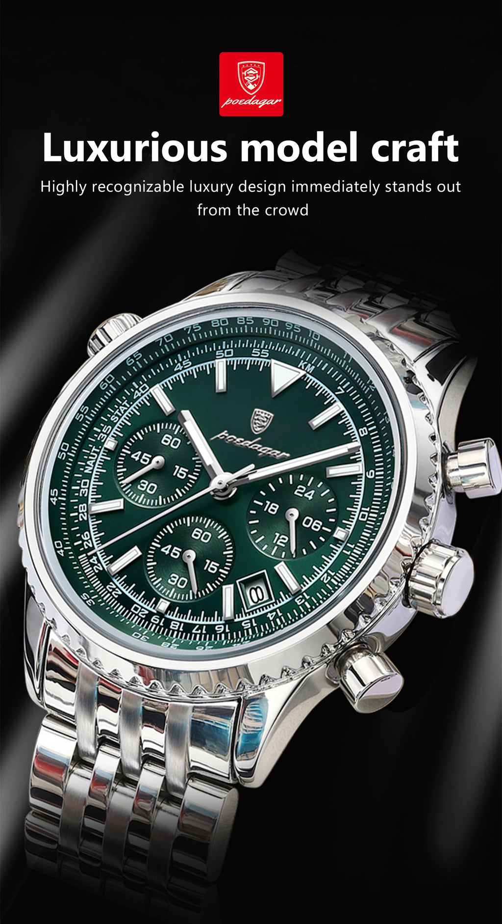 POEDAGAR Men's Chronograph Quartz Watch, Stainless Steel, Date, Luminous
