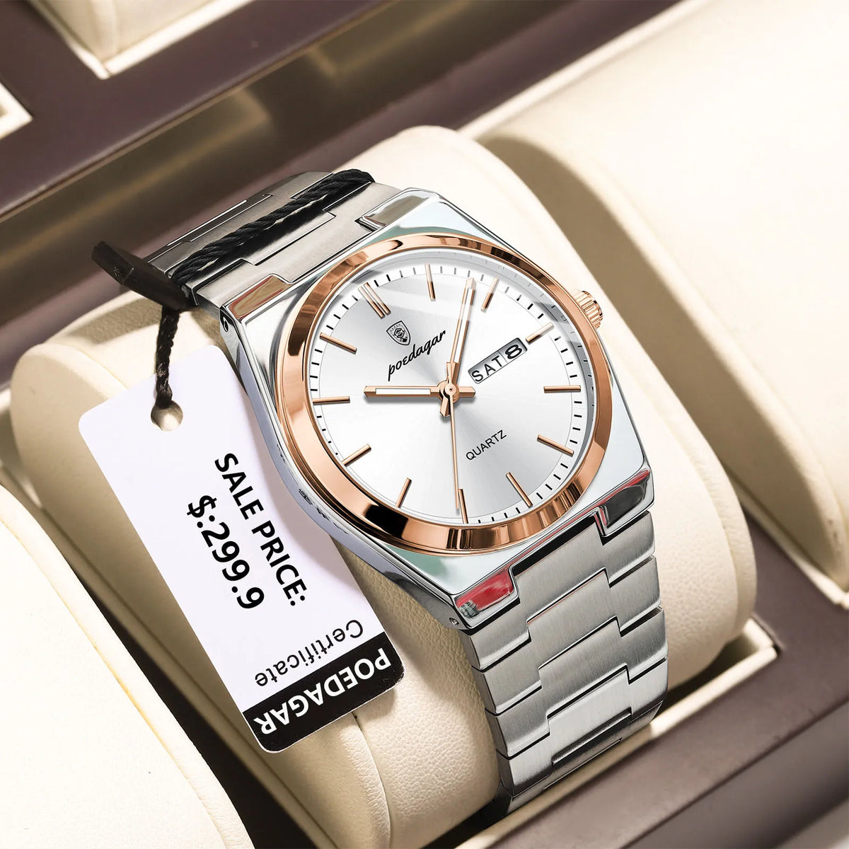 POEDAGAR Men's Quartz Watch, Stainless Steel, Date and Day Display
