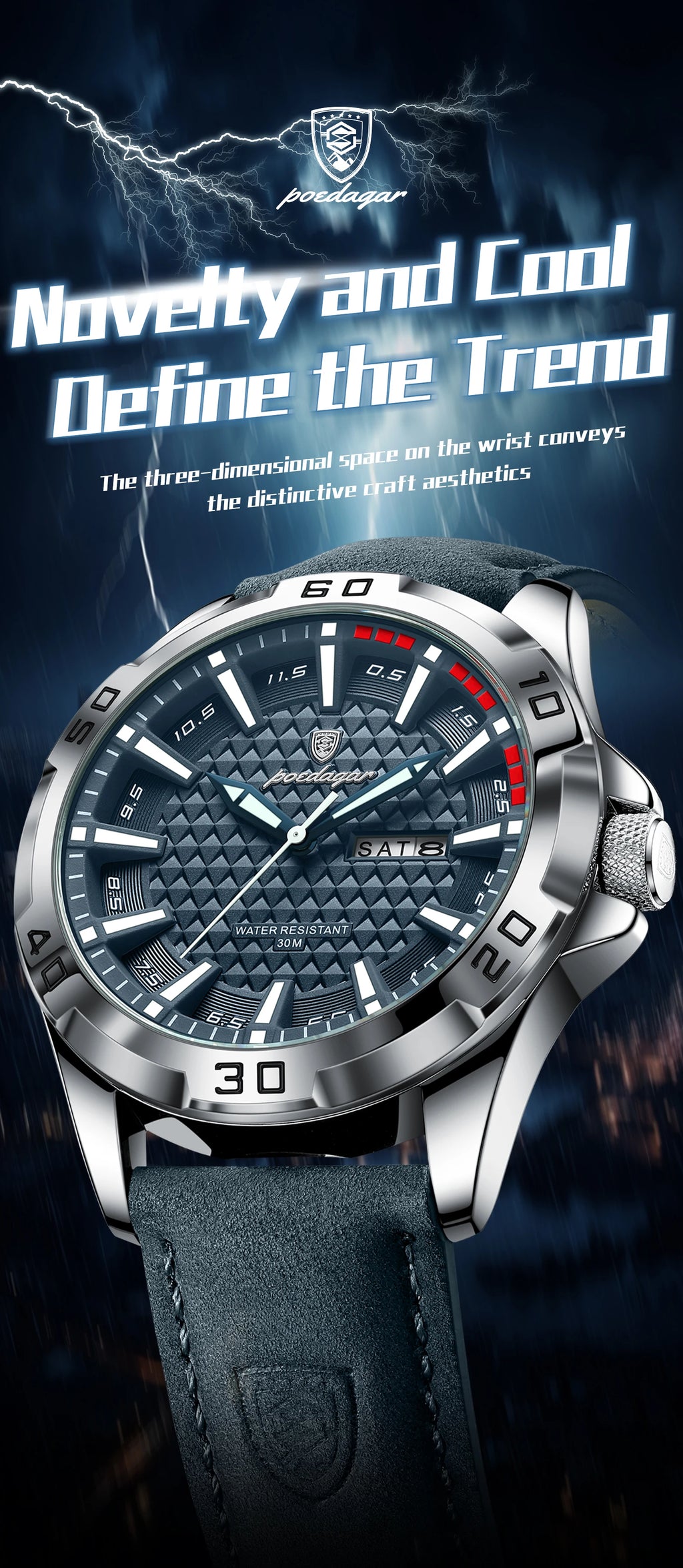 POEDAGAR Men's Quartz Watch, Leather Strap, Date and Day, Luminous