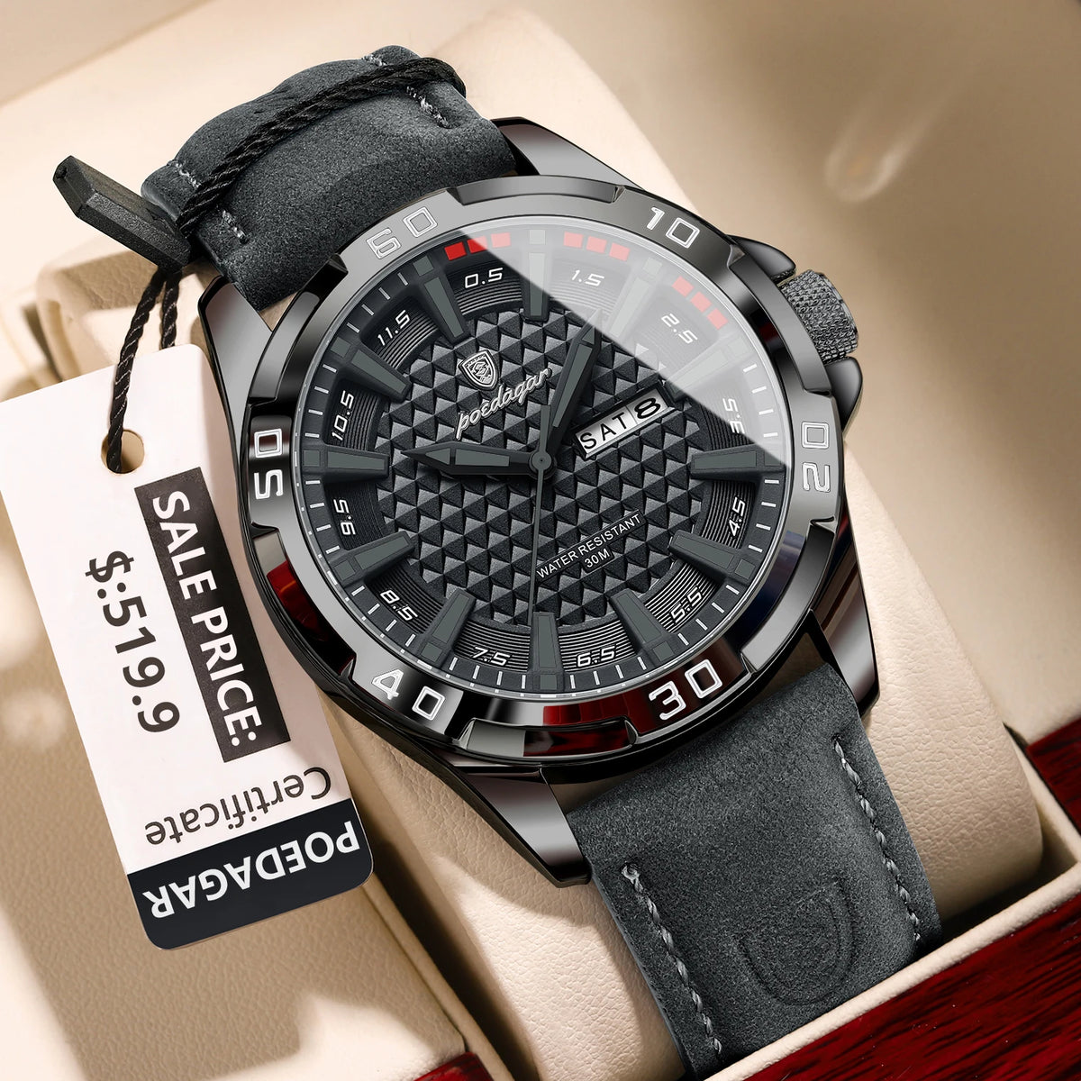 POEDAGAR Men's Quartz Watch, Leather Strap, Date and Day, Luminous
