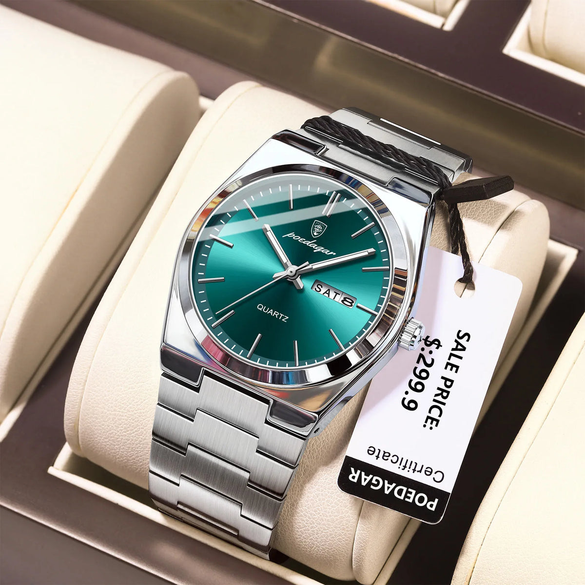 POEDAGAR Men's Quartz Watch, Stainless Steel, Date and Day Display