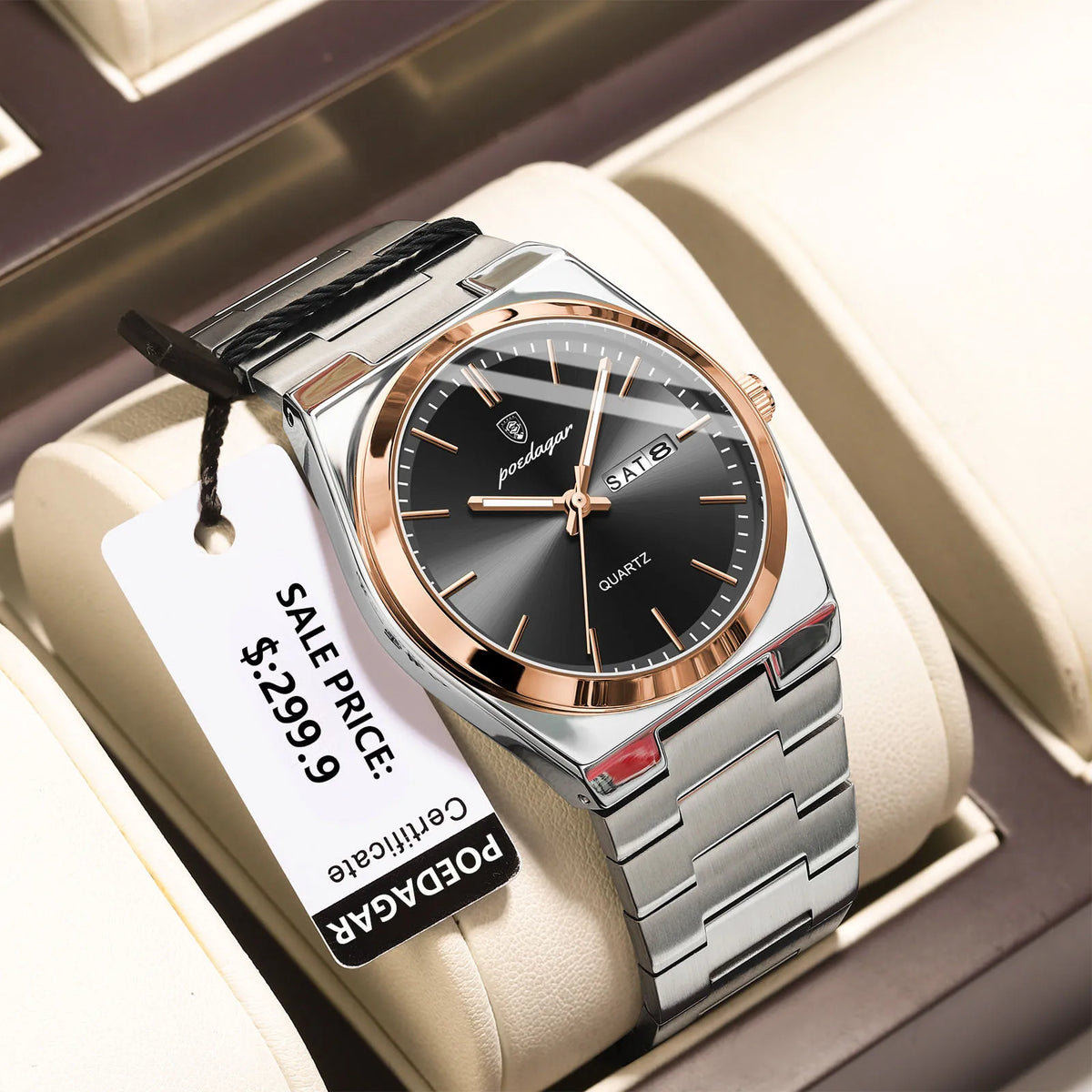 POEDAGAR Men's Quartz Watch, Stainless Steel, Date and Day Display