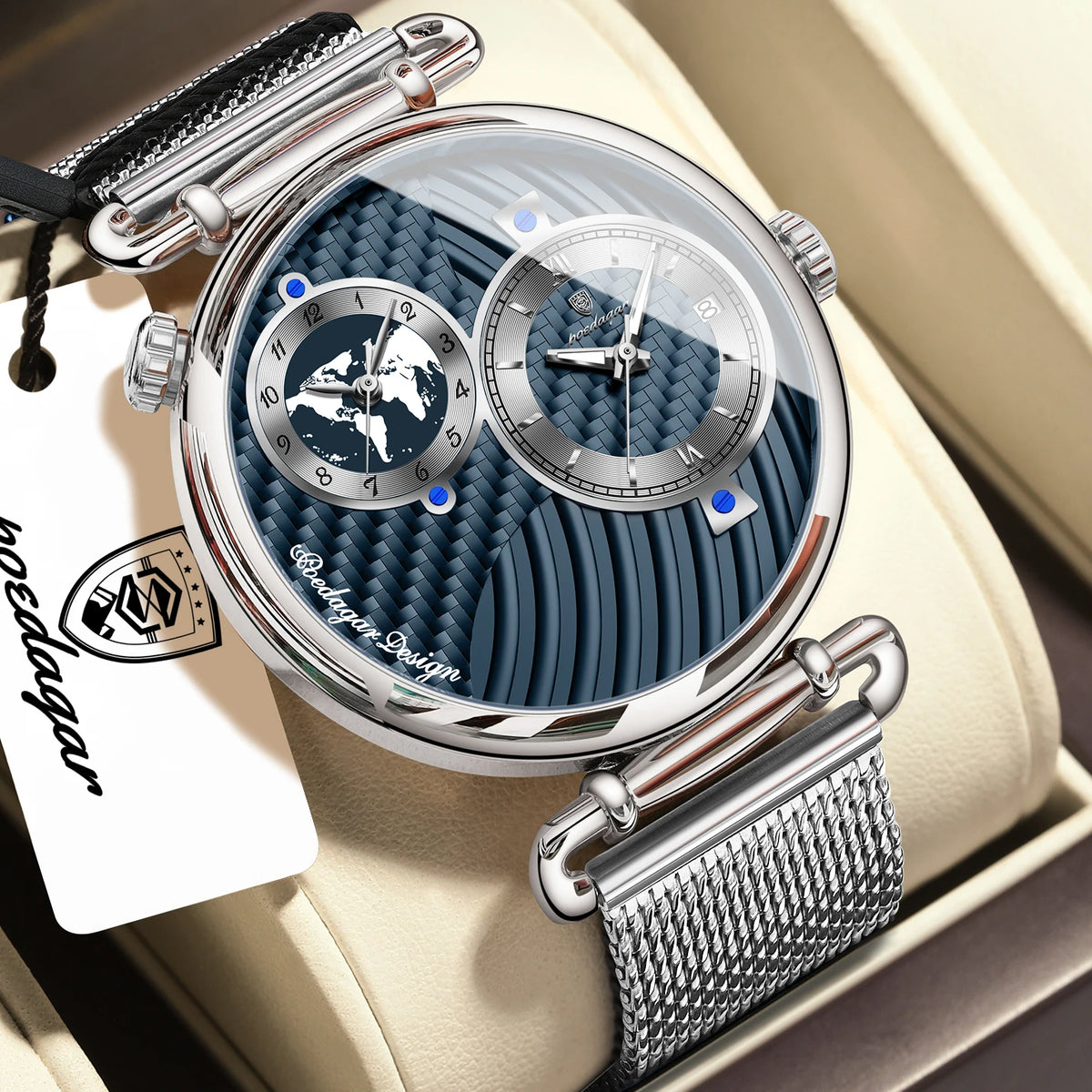POEDAGAR Men's Quartz Watch, Multiple Time Zones, Steel Mesh Strap