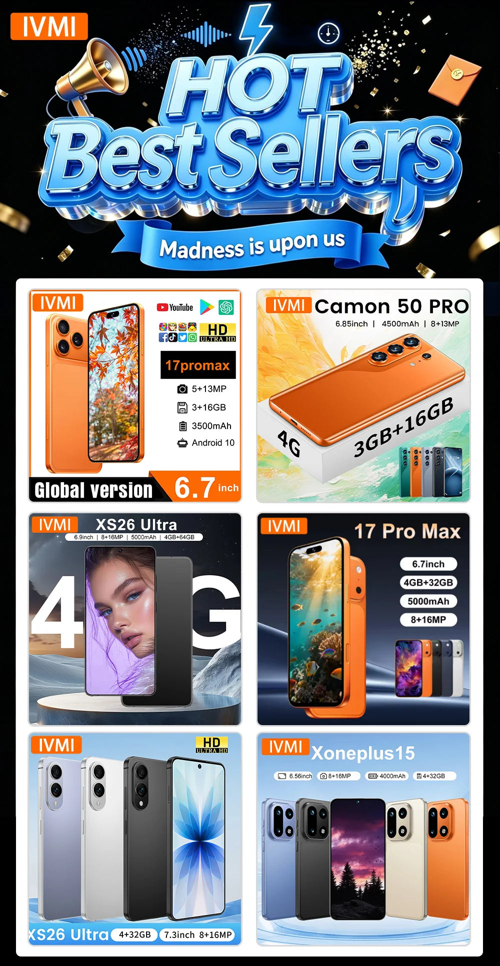 IVMI 17 Pro Max Smartphone, 6.7", 4GB RAM, 32GB, Dual SIM, 4G